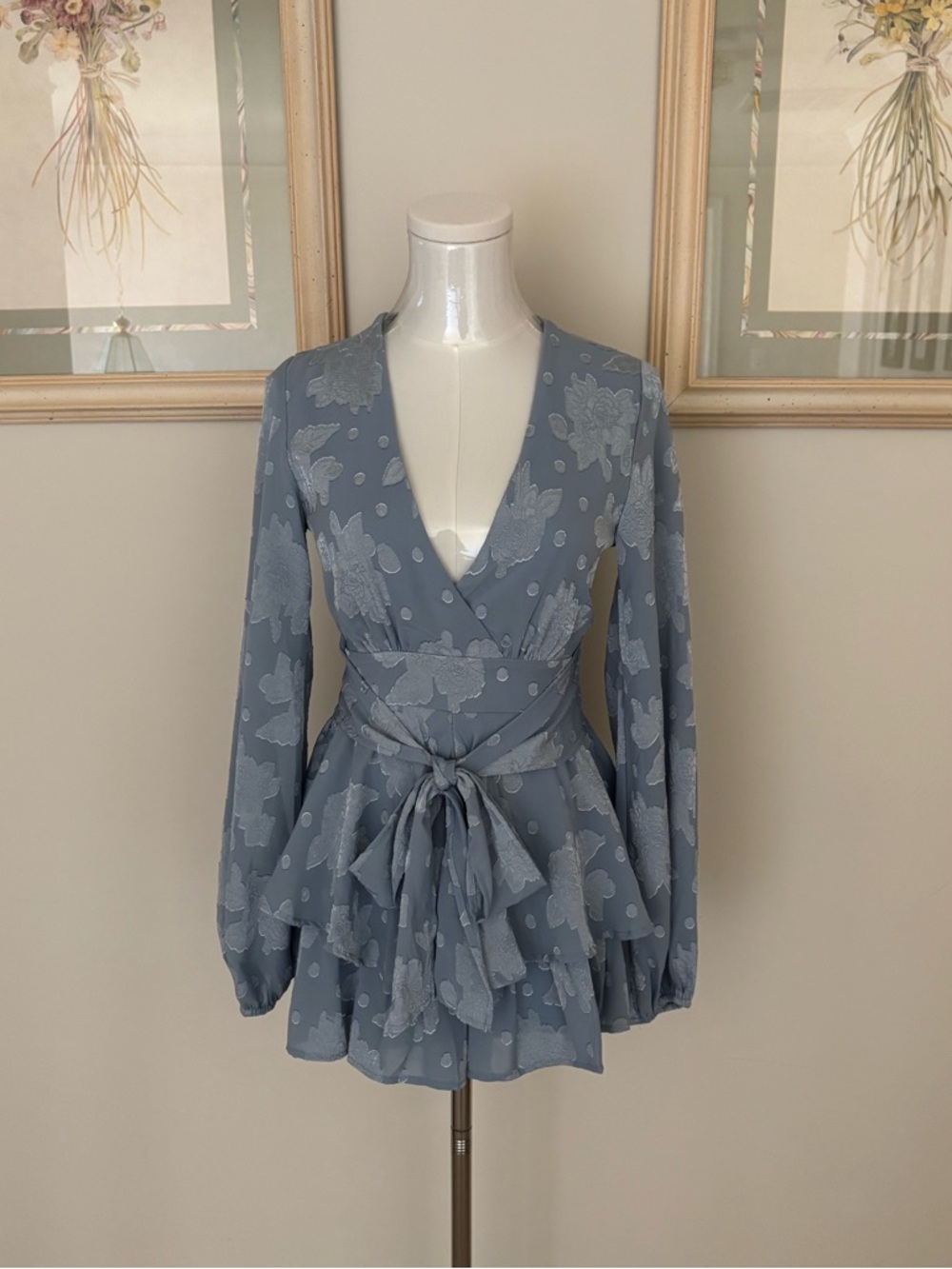 Blue Floral Jacquard Satin Romper
